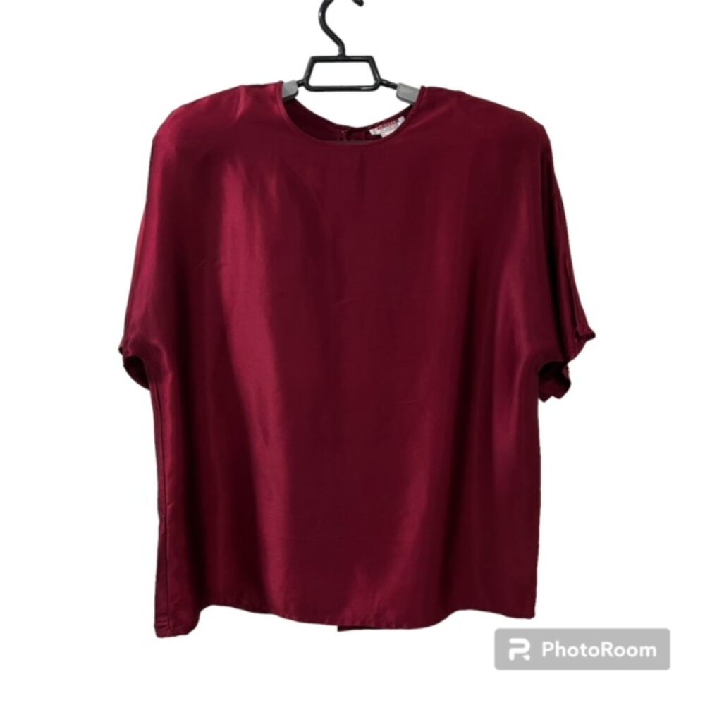 VTG 80s Rodier Womens Red Silk Blouse Short Sleeve Button Closure Padded Sz LG